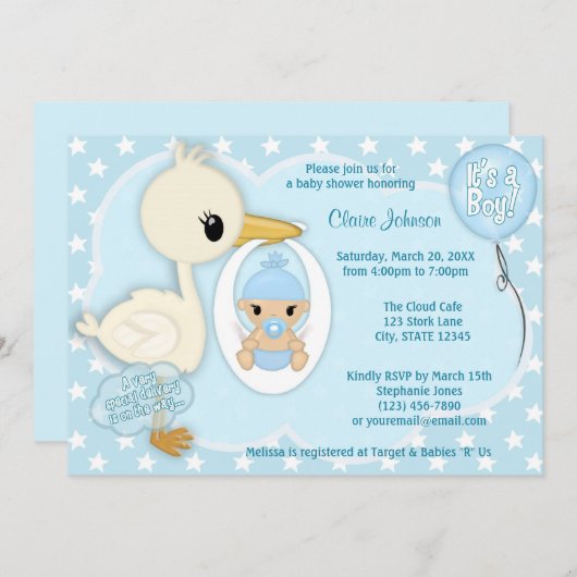『Stork Delivery Baby Shawer Invitation』BOY BLUE 2A 招待状 (正面/裏面)