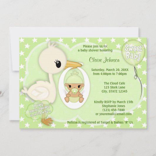 Stork Delivery Baby Shawer Invitation GREEN 3B 招待状 (正面)