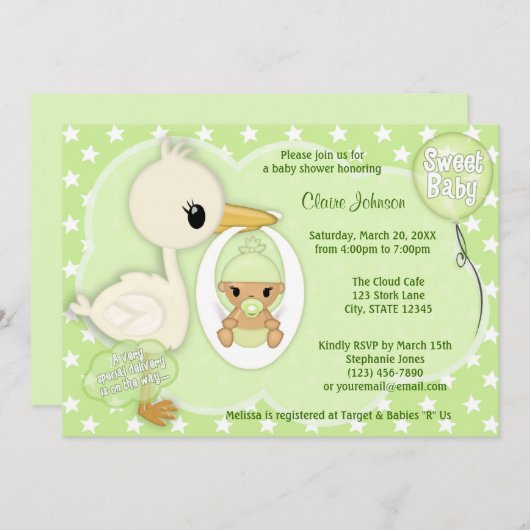 Stork Delivery Baby Shawer Invitation GREEN 3B 招待状 (正面/裏面)