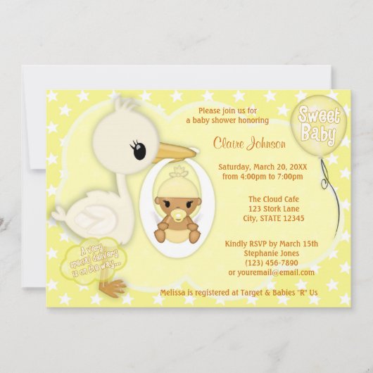 Stork Delivery Baby Shawer Invitation YELLOW 4C 招待状 (正面)