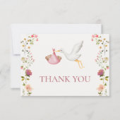 Stork Delivery Pink Floral Garden Girl Baby Shower サンキューカード (正面)