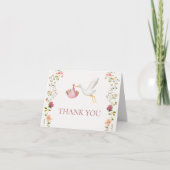 Stork Delivery Pink Floral Garden Girl Baby Shower サンキューカード (正面)