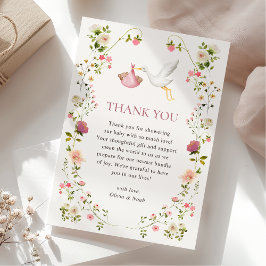 Stork Delivery Pink Floral Garden Girl Baby Shower サンキューカード