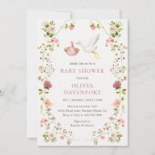 Stork Delivery Pink Floral Garden Girl Baby Shower 招待状 (正面)