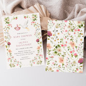 Stork Delivery Pink Floral Garden Girl Baby Shower 招待状