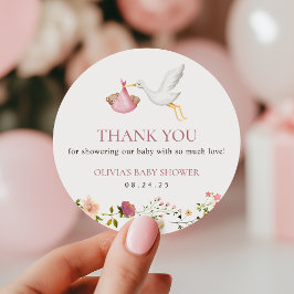 Stork Delivery Pink Floral Girl Baby Shower Favor ラウンドシール