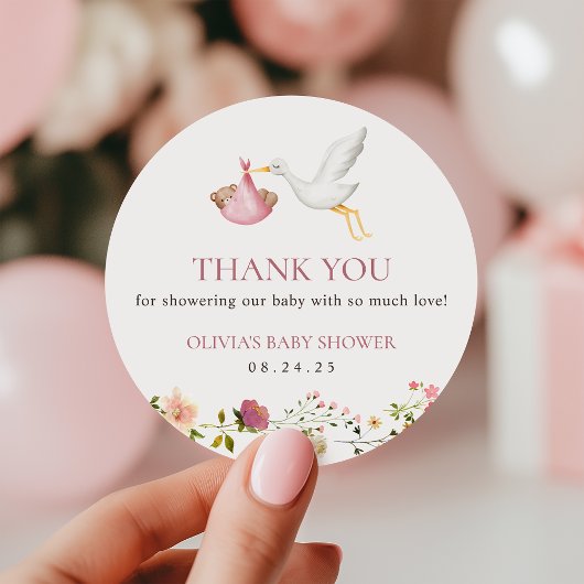 Stork Delivery Pink Floral Girl Baby Shower Favor ラウンドシール