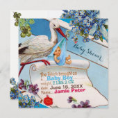 STORK、FLOWERS BOY BABY SHOWER誕生統計 招待状 (正面/裏面)