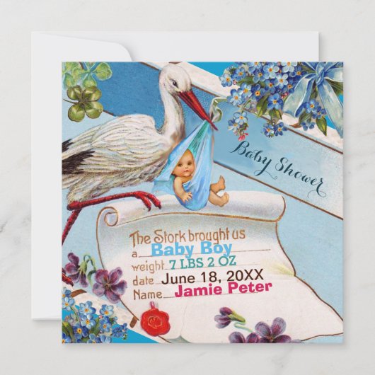 STORK、FLOWERS BOY BABY SHOWER誕生統計 招待状 (正面)