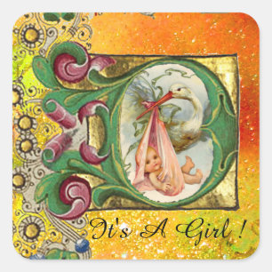 STORK GIRL BABY SHOWERフローラパーチメントin YELLOW スクエアシール