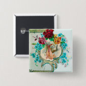 STORK GIRL BABY SHOWER /ピンクのバラ青い花 缶バッジ (正面&裏面)