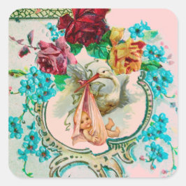 STORK GIRL BABY SHOWER PINK ROSESと青い花 スクエアシール