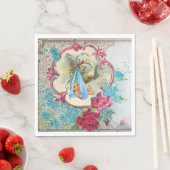 STORK GIRL BABY SHOWER PINK ROSESと青い花 スタンダードランチョンナプキン (インサイチュ)