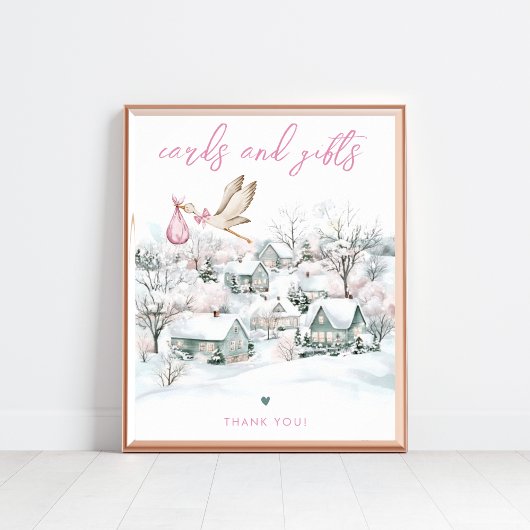 Stork Girl Winter Baby Shower Cards & Gifts Sign ポスター