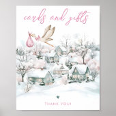 Stork Girl Winter Baby Shower Cards & Gifts Sign ポスター (正面)