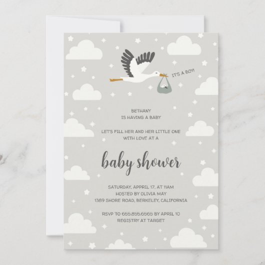 Stork illustration boy baby shower invitation 招待状 (正面)