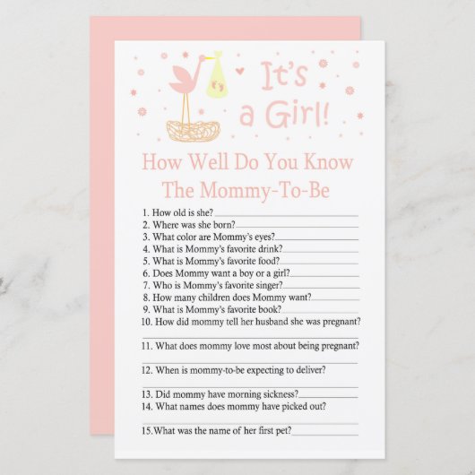 Stork nestあなたはどのように良く赤ちゃんシャワーゲームを知っている (正面/裏面)