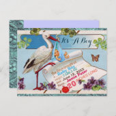 STORK,SHAMROCKS BOY BABY SHOWER誕生統計 インビテーションポストカード (正面/裏面)