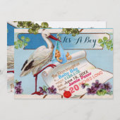 STORK,SHAMROCKS BOY BABY SHOWER誕生統計 招待状 (正面/裏面)