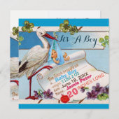 STORK,SHAMROCKS BOY BABY SHOWER誕生統計 招待状 (正面/裏面)