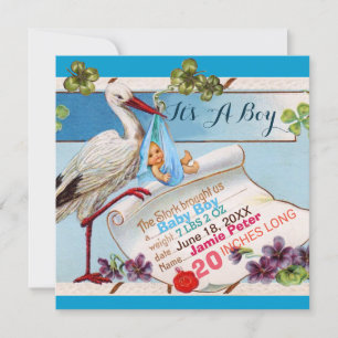 STORK,SHAMROCKS BOY BABY SHOWER誕生統計 招待状