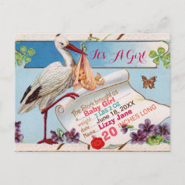 STORK,SHAMROCKS GiRL赤ちゃんシャワー誕生統計 インビテーションポストカード