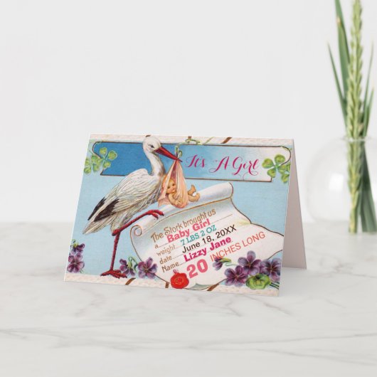 STORK,SHAMROCKS GiRL赤ちゃんシャワー誕生統計 招待状 (正面)