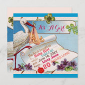 STORK,SHAMROCKS GiRL赤ちゃんシャワー誕生統計 招待状 (正面/裏面)