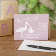 Stork Twin Girls Pink Birth Announcementポストカード