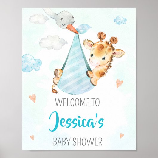 Stork welcomeパーティーサインBoy giraffeパーティーポスター ポスター (正面)
