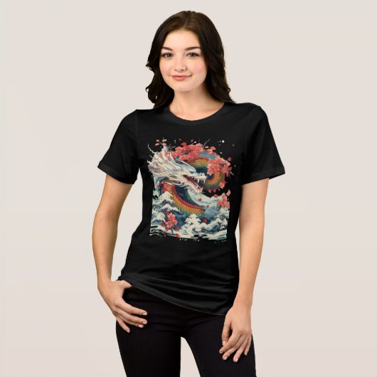 Storm Dragon with Sakura and Waves トライブレンドＴシャツ (正面全面)