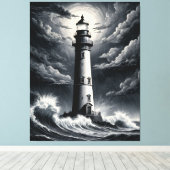 Storm Lighthouse – Dramatic Black and White Coasta キャンバスプリント (インサイチュ (ウッドフロア))