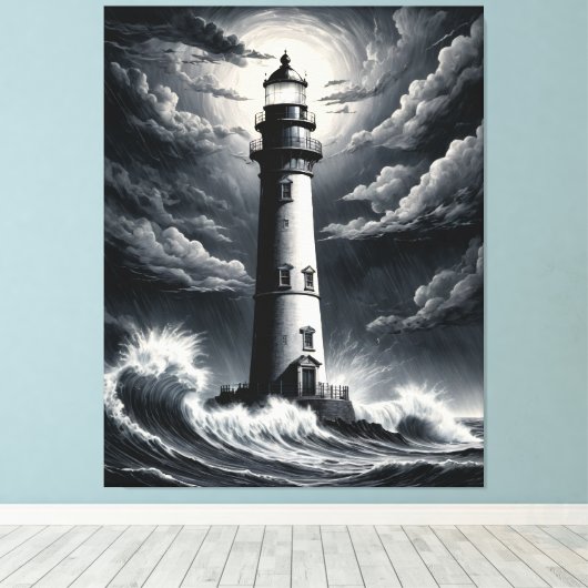 Storm Lighthouse – Dramatic Black and White Coasta キャンバスプリント (インサイチュ (ウッドフロア))