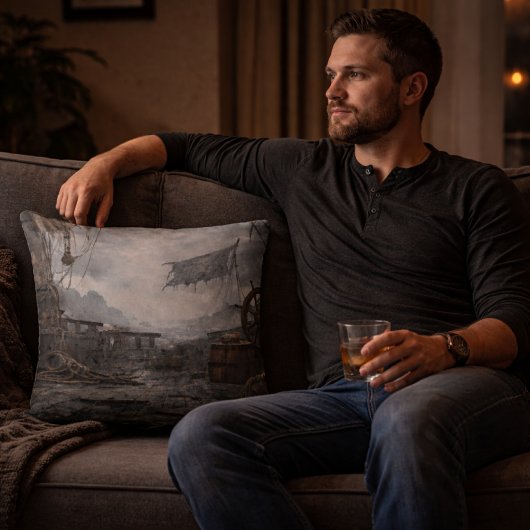 Storm Residue — Pirate Ship Aftermath Throw Pillow クッション