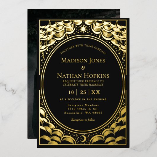 Stormy金ゴールドエレガントタロットカー結婚ド 箔招待状 (正面/裏面)