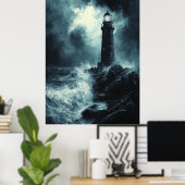 Stormy Light house at Night – 木炭アート ポスター (ホームオフィス)