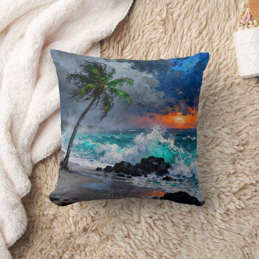 Stormy Serenity:Rain and Wind on a Beach at Sunset クッション (ブランケット)