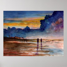 Stormy Sunset Beach Combing Watercolor Seascape