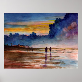 Stormy Sunset Beach Combing Watercolor Seascape ポスター