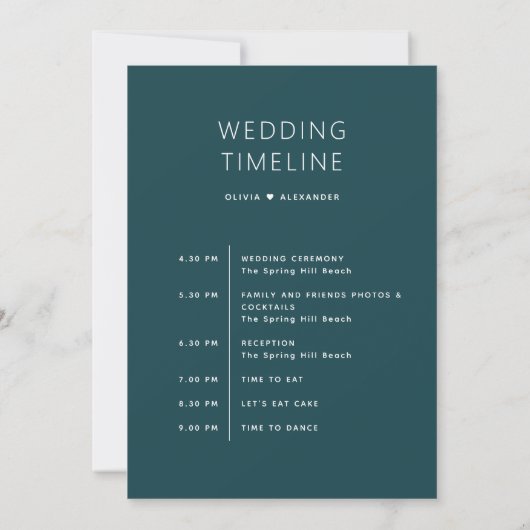 Stormy Teal Wedding Timeline | Elegant Schedule 招待状 (裏面)