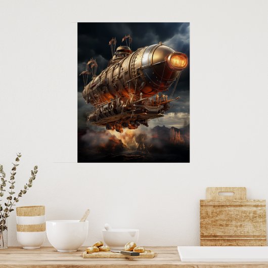 Stormy Voyage: Epic Steampunk Zeppelin ポスター (キッチン)