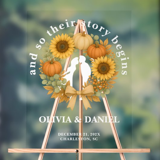 Story Begins Pumpkin Wreath Autumn Wedding Welcome アクリルサイン (ニュートラル)