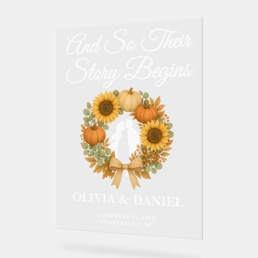 Story Begins Pumpkin Wreath Fall Wedding Welcome アクリルサイン (傾斜)