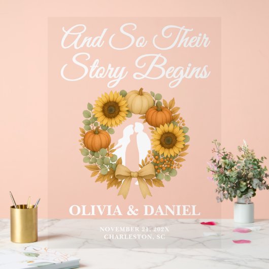 Story Begins Pumpkin Wreath Fall Wedding Welcome アクリルサイン (ウェディング)