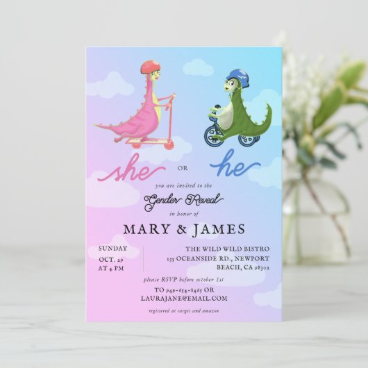 Storybookかわいい恐竜の性別がパーティー 招待状 (スタンド正面)