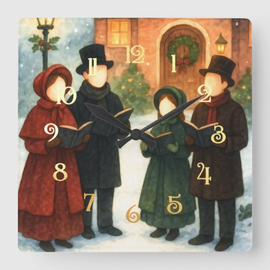 Storybook Illustration Faceless Christmas Carolers スクエア壁時計 (正面)