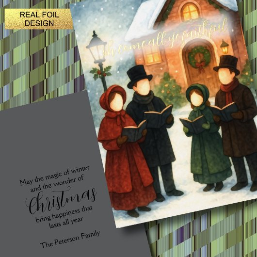 Storybook Illustration Faceless Christmas Carolers 箔シーズンカード