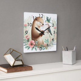Storybook WoodlandベビーOtter and Bird スクエア壁時計