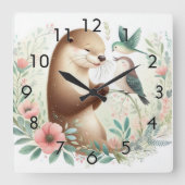 Storybook WoodlandベビーOtter and Bird スクエア壁時計 (正面)