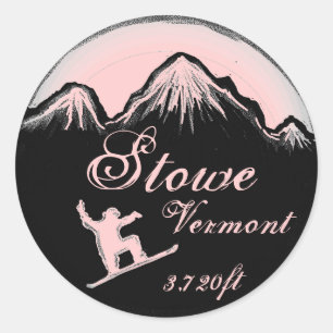 Stowe Vermontライトピンクのスノーボードアートステッカー ラウンドシール